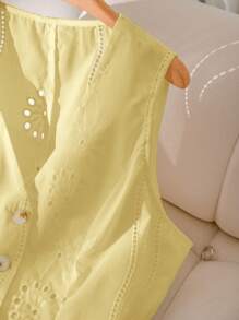 CosyJoli Plus Size Women Embroidery Single Breasted Vest Jacket In ,Slightly Sheer Spring To Summer - Yellow - View 3