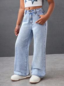 Tween Girls Y2K Fashion Light Washed Baggy Denim Straight Leg Jeans Pants With Cute Pocket Bowknot Print Decorated Pockets,Girls Summer Beach Boho Vacation Shorts, Summer Concert Festival Casual Rave Outfits, Girls Summer Brunch Church Graduation Outfits - Light Wash - View 3