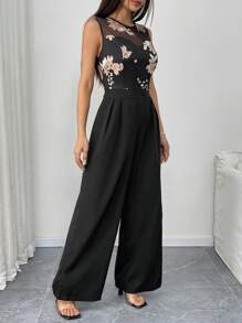 Chiquease Women's Floral Print Contrast Mesh Sleeveless Wide Leg Jumpsuit, Vacation Style - Black - View 5
