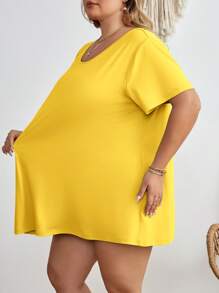 SHEIN CURVE+ Áo thun nữ cỡ lớn cổ tròn tay ngắn màu trơn, kiểu dáng thường ngày, màu vàng mùa hè/Áo thun cỡ lớn mùa hè/Kiểu đồng quê/Kỳ nghỉ biển/Trang phục đi biển - Màu Mù tạt vàng - Xem 7