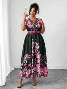 Elenzga 大码女式泰国、马尔代夫度假海滩度假村波西米亚风格印花V领盖袖连衣裙，收腰，春夏 - 彩色 - 查看 5