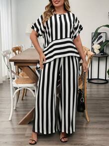 EMERY ROSE Damen Große Größen gestreiftes loses asymmetrisches Saum Rundhals Kurzarm Top und weite Hose 2-teiliges Set, lässige Strandurlaubs Mode für den Sommer - Schwarz und Weiss - Übersicht 6