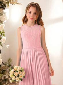 Tween Girls' Elegant Fashion Crew Neck Sleeveless High Waist Solid Color Lace Trim Pleated Long Jumpsuit, Flower Girl Wedding White Outfit, School, Campus, College - Pink - View 4