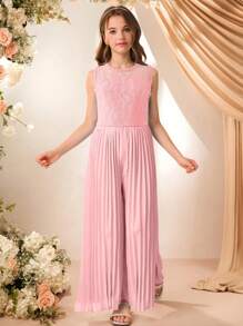 Tween Girls' Elegant Fashion Crew Neck Sleeveless High Waist Solid Color Lace Trim Pleated Long Jumpsuit, Flower Girl Wedding White Outfit, School, Campus, College - Pink - View 7