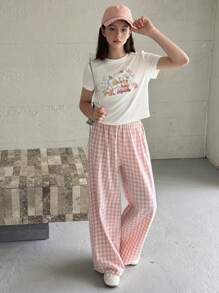 DAZY 2pcs/Set Youth Knit Graphic Print Short Sleeve T-Shirt + Plaid Pants, Spring/Summer - White - View 5