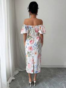 Selianne Women's Elegant Floral Allover Print Off Shoulder Summer Dress - Apricot - View 2