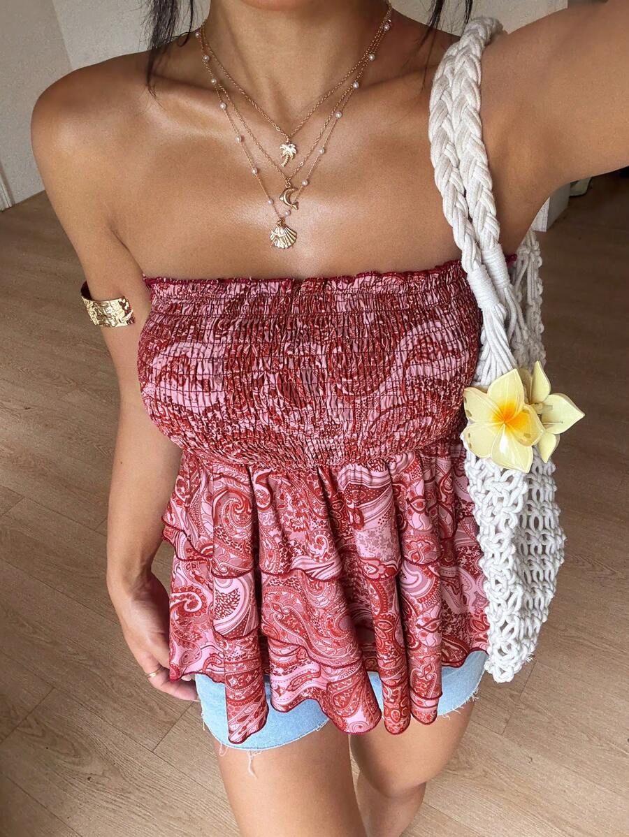 SHEIN Unity 女式夏季休闲度假深色佩斯利印花多层不对称荷叶边下摆抹胸上衣 - 紅色 - 查看 1