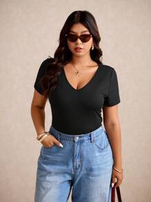 Elaquor V 领纯色 T 恤全黑短款夏季上衣 - 黑色 - 查看 4