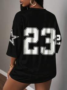 Slaydiva Casual Minimalist Letter & Number Graphic 23 Black T-Shirt Suitable For Summer, Sporty Apparel - Black - View 2