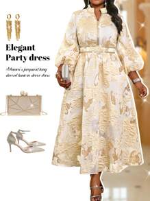 Fleurora Ladies' Floral Jacquard Long Lantern Sleeve Modest Dress Elegant Party Wedding Guests Four Seasons Old Money FestivalPlus Size Dresses Cruise Outfits Women