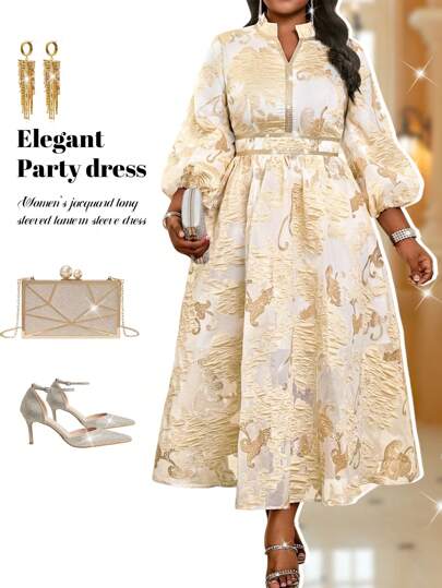 Fleurora 女士花卉提花长灯笼袖端庄连衣裙优雅派对婚礼宾客四季老钱节大码连衣裙