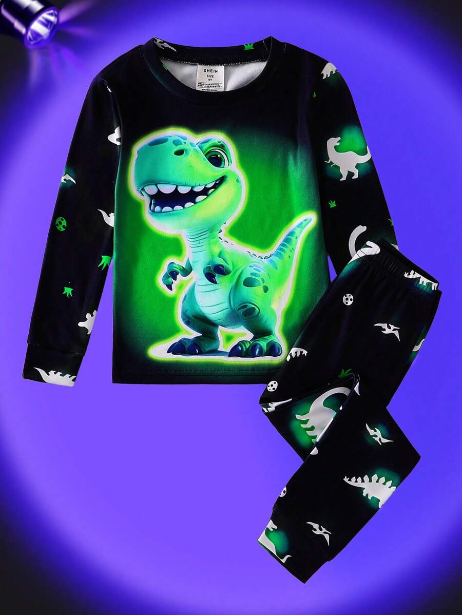 2 Piece Sets Snug Fit Night Wear Kids  Toddler Boys' Casual Cute Knit Digital Laser Dinosaur Pattern Round Neck Long Sleeve Top And Full Print Dinosaur Leggings Pajama Set, Comfortable And Stretchy For Spring & Summer Dinosaur Clothes For Boys Boys Outfit Sets Outfit For Boys Young Boys Pants Young Boys Suit Set Fathers Day Gifts Puppy Summer Beach Summer Clothes Pajamas Sets  Snug Fit Tight Fit Pajamas .This Product Requires UV Light Exposure To Glow.