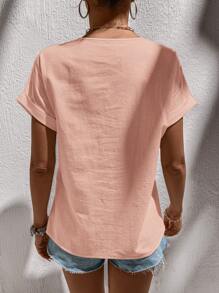 SHEIN LUNE 女士蕾丝拼布水洗棉休闲优雅衬衫 - 粉色 - 查看 2