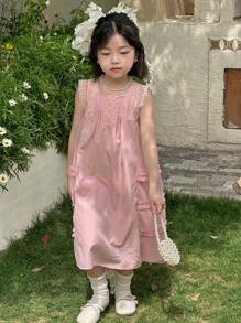 DAZY 年轻女孩圆领网眼蕾丝拼接无袖可爱韩版连衣裙，女孩夏季服装 - 黃色 - 查看 3