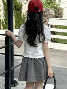 DAZY 2pcs Tween Girls Crew Neck Knitted Printed Ruffle Sleeve T-Shirt + Pleated Skirt Set, Summer - White - View 5