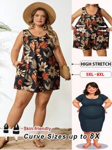 SHEIN CURVE+ 大码女式夏季纯色圆领口袋休闲连体衣，女士度假装，女士沙滩装/沙滩裙/沙滩度假装/沙滩必需品/毕业/茶会礼服，夏季/乡村/海滩度假装/沙滩装/沙滩装 - 彩色 - 查看 10