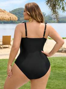 SHEIN CURVE+ Plus Size Women's Summer Leopard Patchwork Solid Fabric Ruffle Strap Tummy Control One-Piece Swimsuit - Multicolor - View 2