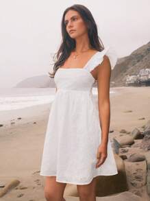 WESTFADE Eyelet Embroidery Square Neck Flutter Sleeve Smocked Back Mini Babydoll Dress Country Western Nashville Cowgirl Rodeo Outfit - White - View 3