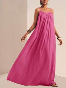 Slaydiva 大码女式纯色褶皱宽松休闲长款连体裤连衣裙，适合度假、吊带裙、夏季穿着，粉色长款连衣裙，夏季长款连衣裙，吊带长裙，休闲长款连衣裙 - 玫紅色 - 查看 7