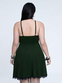 Whyspr 大码春夏深色性感修身休闲百搭大胆前卫领星十字系高腰修身蕾丝拼布下摆日常连衣裙，万圣节 - 墨綠色 - 查看 2