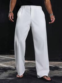 Manfinity Homme Men's White Pants, Textured Soft Single Pleat, Summer Thin Straight Leg Loose White Casual Trousers Wide Leg Pants Men Clothing Men Pants Men Wide Leg Pants Men Pants Wide Leg Men's Wide Leg Trouser, Fall - White - View 6
