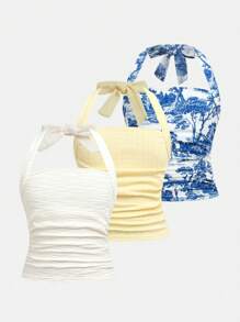 SHEIN Tween Girl 3pcs Commuter Casual Knitted Halter Sleeveless Top Set - Multicolor - View 2