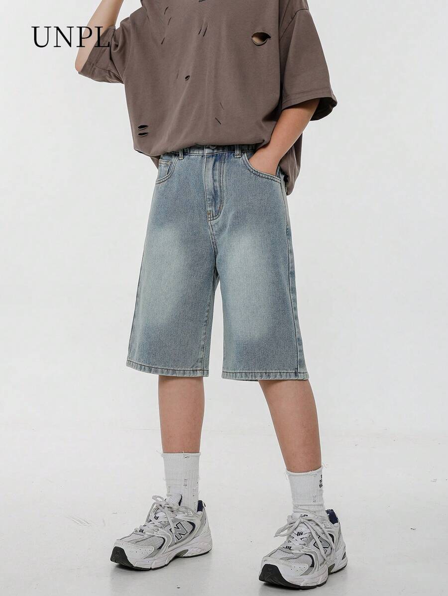 SHEIN Explorewe Pantaloncini di jeans per ragazzi adolescenti, moda di strada casual e comoda, stile urbano cool hipster, estate vintage vintage, pantaloncini di jeans con vita elastica allentati