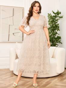 Modelyn Vestido midi de corte evasé de manga corta con bordado de organza elegante, apropiado para tallas grandes, adecuado para primavera/verano