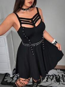 Whyspr 大码朋克风格度假蝴蝶结装饰领连衣裙 - 黑色 - 查看 5