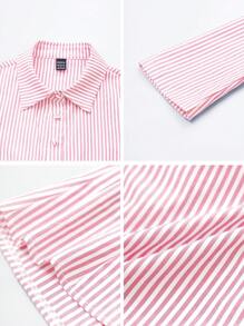 Chiquease 法式修身蓝白条纹优雅优雅办公室休闲长袖女衬衫 - 粉色 - 查看 9