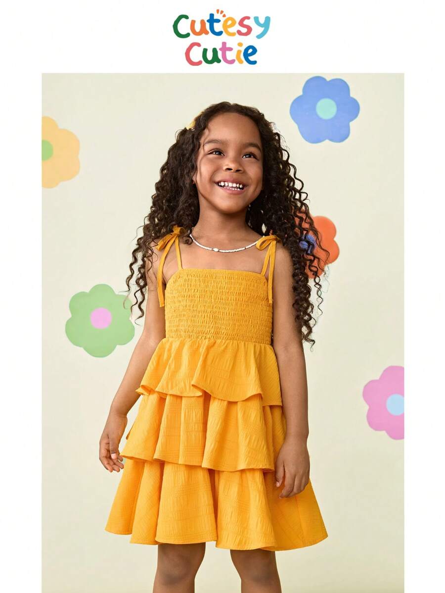 SHEIN Young Girl Pleated Solid Color Snug Fit Casual Dress - Yellow - View 1