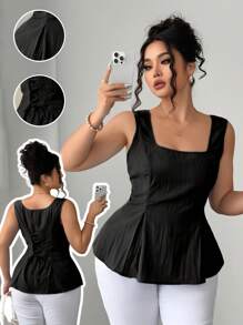 Elenzga 大码女式方领优雅法式 A 字腰衬衫上衣，荷叶边上衣 - 黑色 - 查看 1