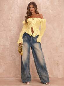 SHEIN BAE 女士纯白色露肩荷叶边长袖不对称系带下摆衬衫，浪漫性感的设计，适合秋冬、春季、度假旅行、情人节、甜蜜浪漫、日常穿着、公主风格、生日、伴娘 - 黃色 - 查看 3