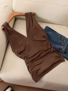 CosyJoli Plus Size Women's Simple V-Neck Pleated Fitted Black Camisole, New Spring Collection,Business Casual Woman - Coffee Brown - View 1