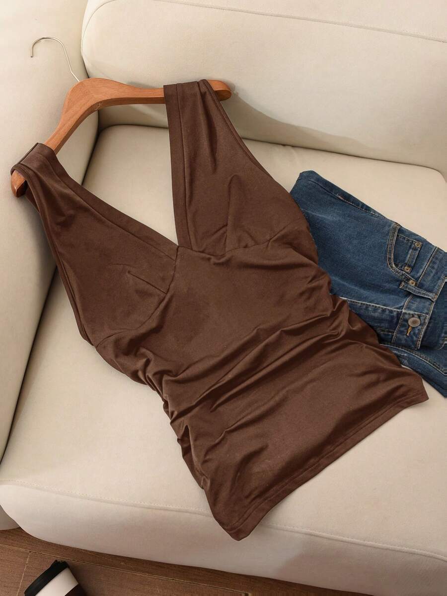 CosyJoli Plus Size Women's Simple V-Neck Pleated Fitted Black Camisole, New Spring Collection,Business Casual Woman - Coffee Brown - View 1