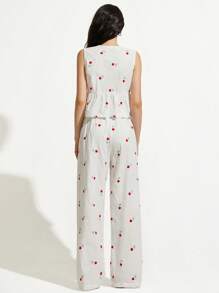 Aveloria GENKIRA Top com Bordado e Atacador + Calças Soltas de Cintura Elástica, Conjunto de 2 Peças, Estilo Doce, Roupa Leve de Verão para Mulher - Branco - Ver 4