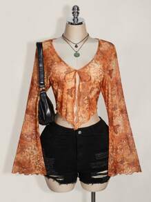 SHEIN ICON ICON Plus Size Women's Paisley Print Tie-Front Knit Top, Suitable For Summer, Music Festivals, Y2K, Graduation Season, Back To School Clothes, Summer Vacation - Multicolor - View 1