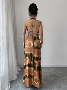 Rafferiza 女士优雅扎染露背吊带连衣裙 - 鏽棕色 - 查看 2