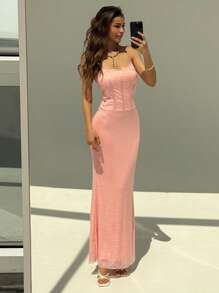 Aloruh Romantic Date, Spring/Summer Party Ball Sleeveless Lace Mermaid Dress, Pink - Baby Pink - View 6