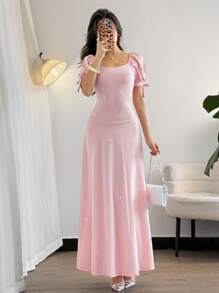 Firerie 女士优雅奢华浪漫舞会礼服婚礼宾客节日甜心领水钻装饰泡泡袖蝴蝶结露背 A 字长裙，粉色 - 粉色 - 查看 8