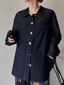 FRIFUL Women's Loose Fit Contrast Binding Line Splicing Linen Blend Baggy Shirt, Summer Long Sleeve Top - Blue - View 5