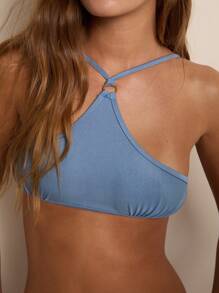 Nöista Conjunto de bikini de mujer con parte superior de tirantes nudoso y Bottom dividida de unicolor - Azul - Ver 4