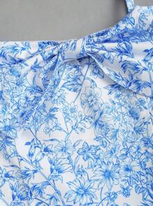 SHEIN Unity Vintage French Style Polka Dot Red Backless Waist-Cinched Bowknot Printed Dress For Women - Blue - View 3