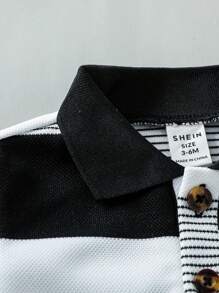 Souflis Souflis 男婴幼儿休闲可爱熊刺绣徽章条纹短袖 Polo 衫和短裤套装，适合夏季 - 黑色 - 查看 7