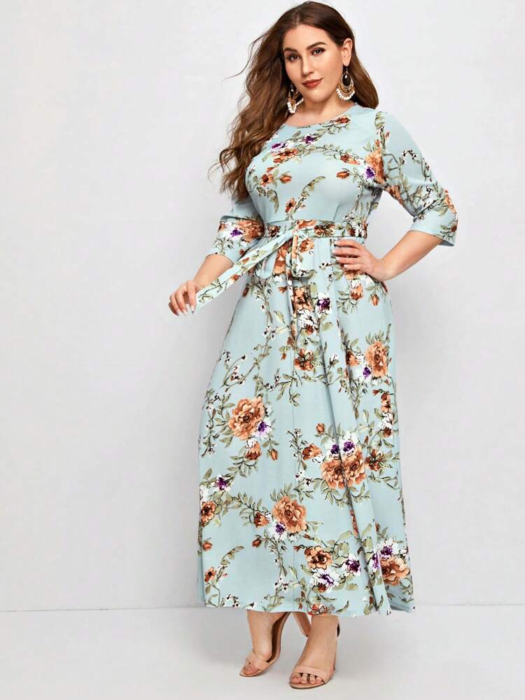 Plus Floral Print Self Belted Dress