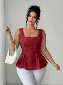 Elenzga Áo cánh chữ A cổ vuông thanh lịch kiểu Pháp cỡ lớn cho nữ - Đỏ - Xem 3