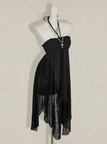 SHEIN ICON Vestido mini asimétrico sobredimensionado con volantes, encaje y parches - Negro - Ver 3