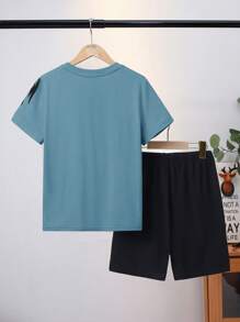 SHEIN 2pcs Tween Boy Summer Loose Casual Lion Graphic T-Shirt And Shorts Knit Loungewear Set - Blue - View 2