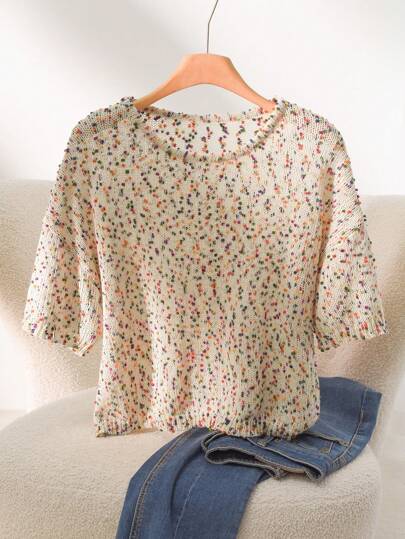 CosyJoli Camiseta holgada de manga corta con cuello redondo, estampado de lunares de colores y detalles calados, tallas grandes