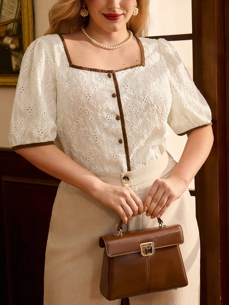 Vintamour 大码复古优雅女式 T 恤上衣针织提花方领休闲开衫女士度假装女士夏季装白色上衣夏季上衣女士西装女士生日装女士外出上衣女士夏季上衣女士白衬衫教堂服装女士夏季服装女士可爱上衣邮轮服装女士办公室服装女士衬衫女士白色服装女士纽扣衬衫女士工作服女士春季服装